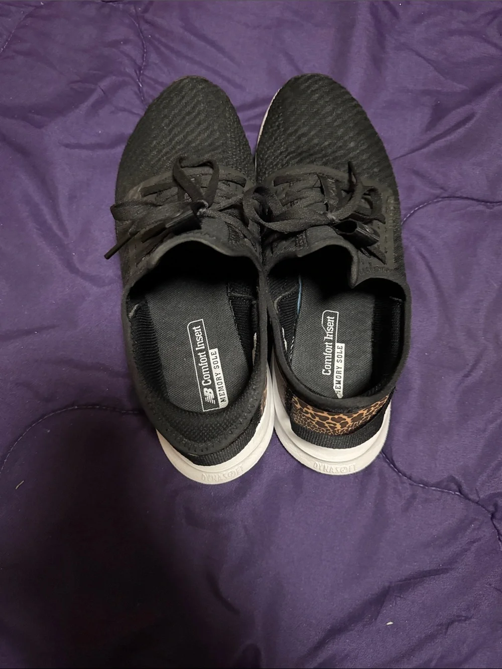 New Balance Women’s Black Knit Running Shoes with Leopard Heel Accent